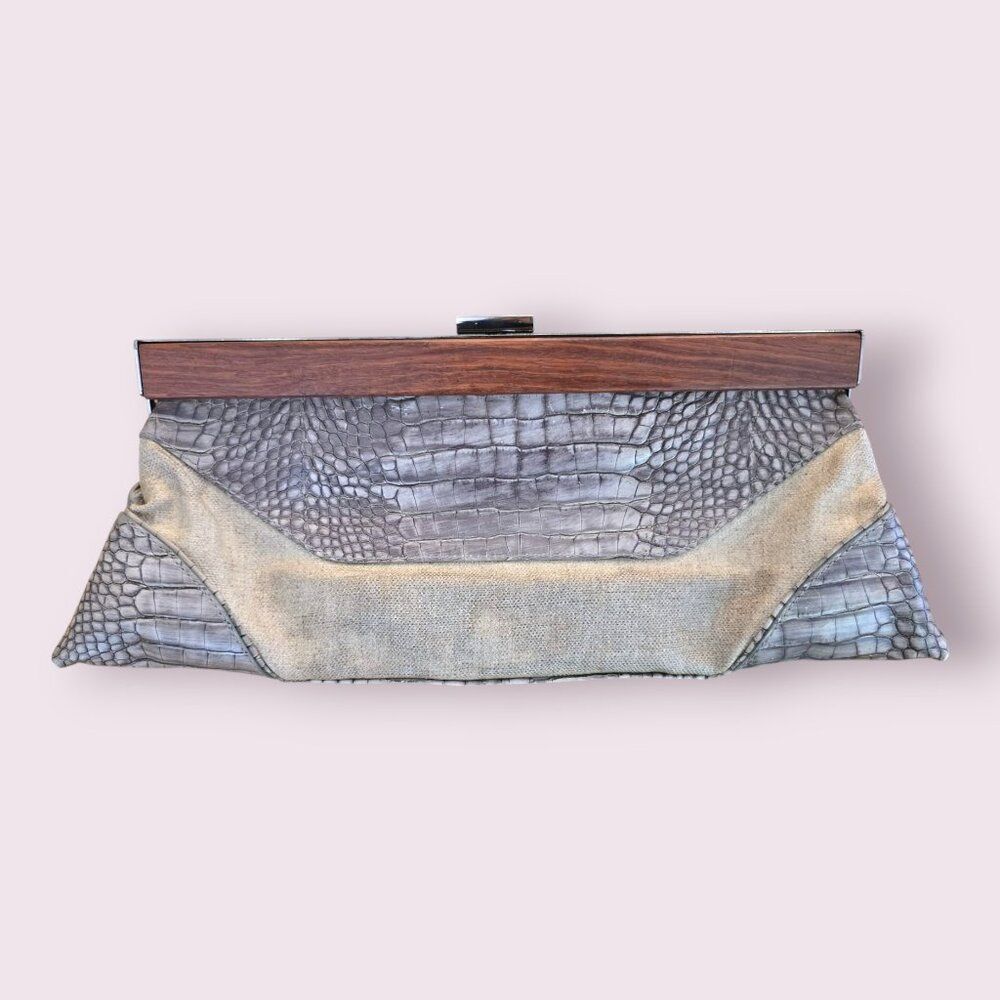 Kenneth Cole New York Croc-Embossed Clutch Silver & Wood Accent